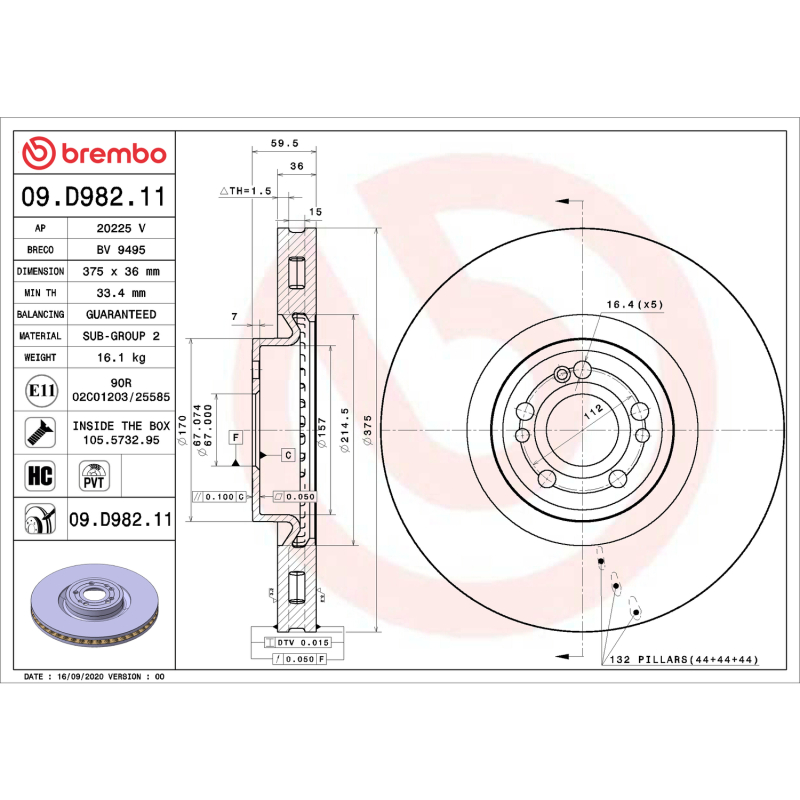 Mercedes-Benz GLE450 Brake Rotor (1) - Front Left - Brembo OE - UV Coated - `20-`23